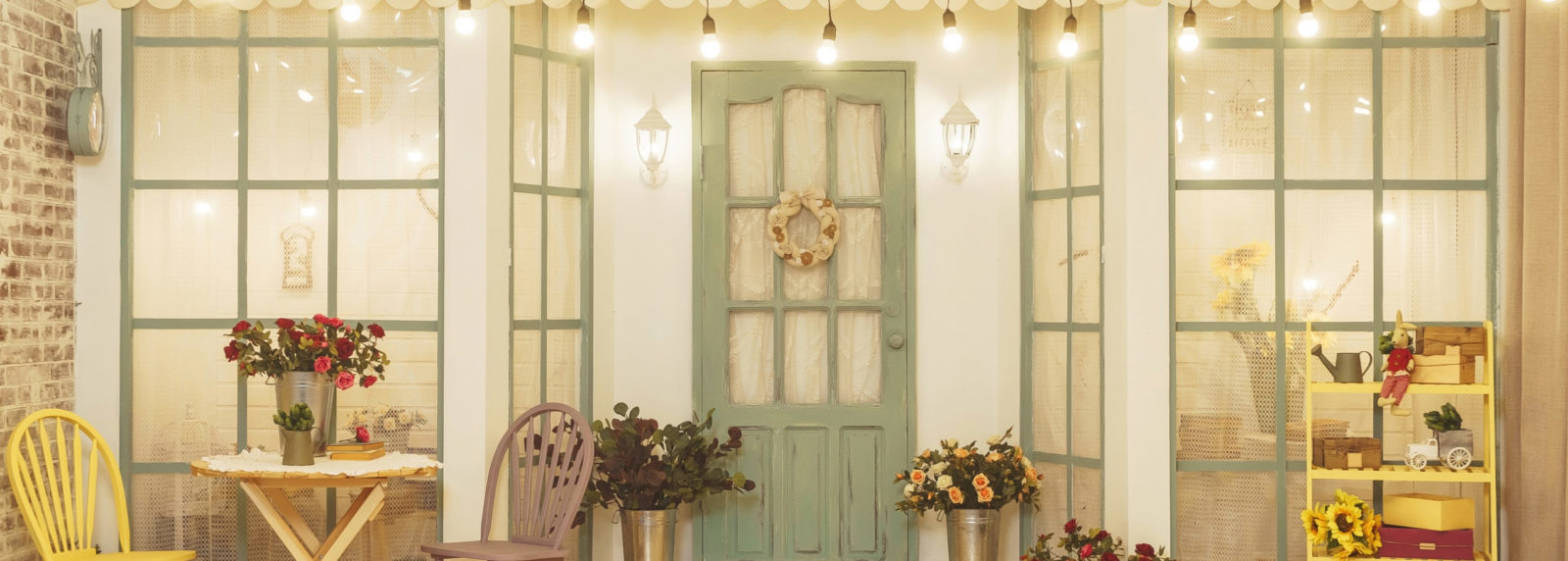 Summer,Porch,With,Garlands,Of,Light,Bulbs.,Terrace,Of,Summer